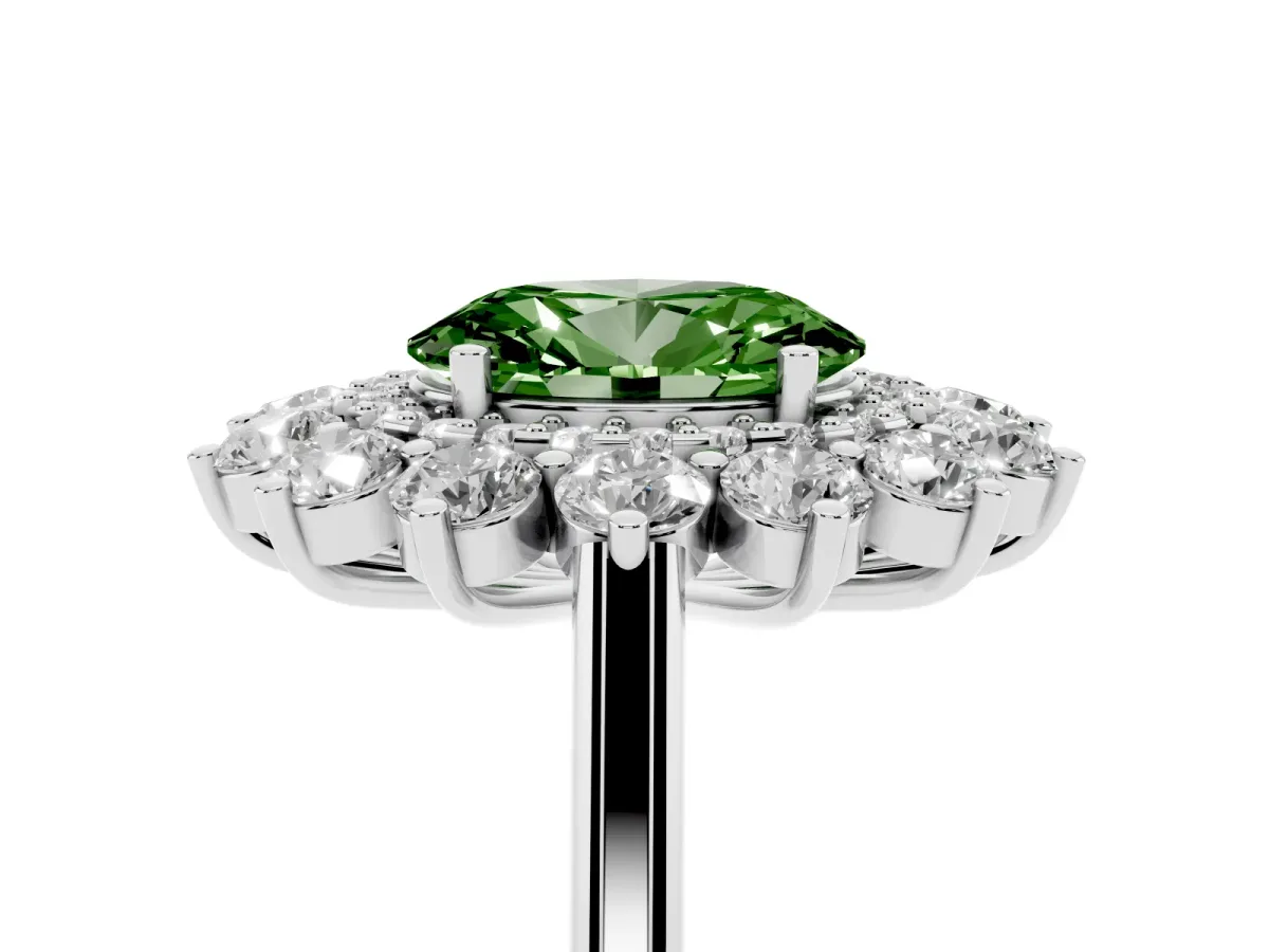 Fancy Green Oval Cut Diamond Floral Double Halo Engagement Ring with Prong Setting Platinum