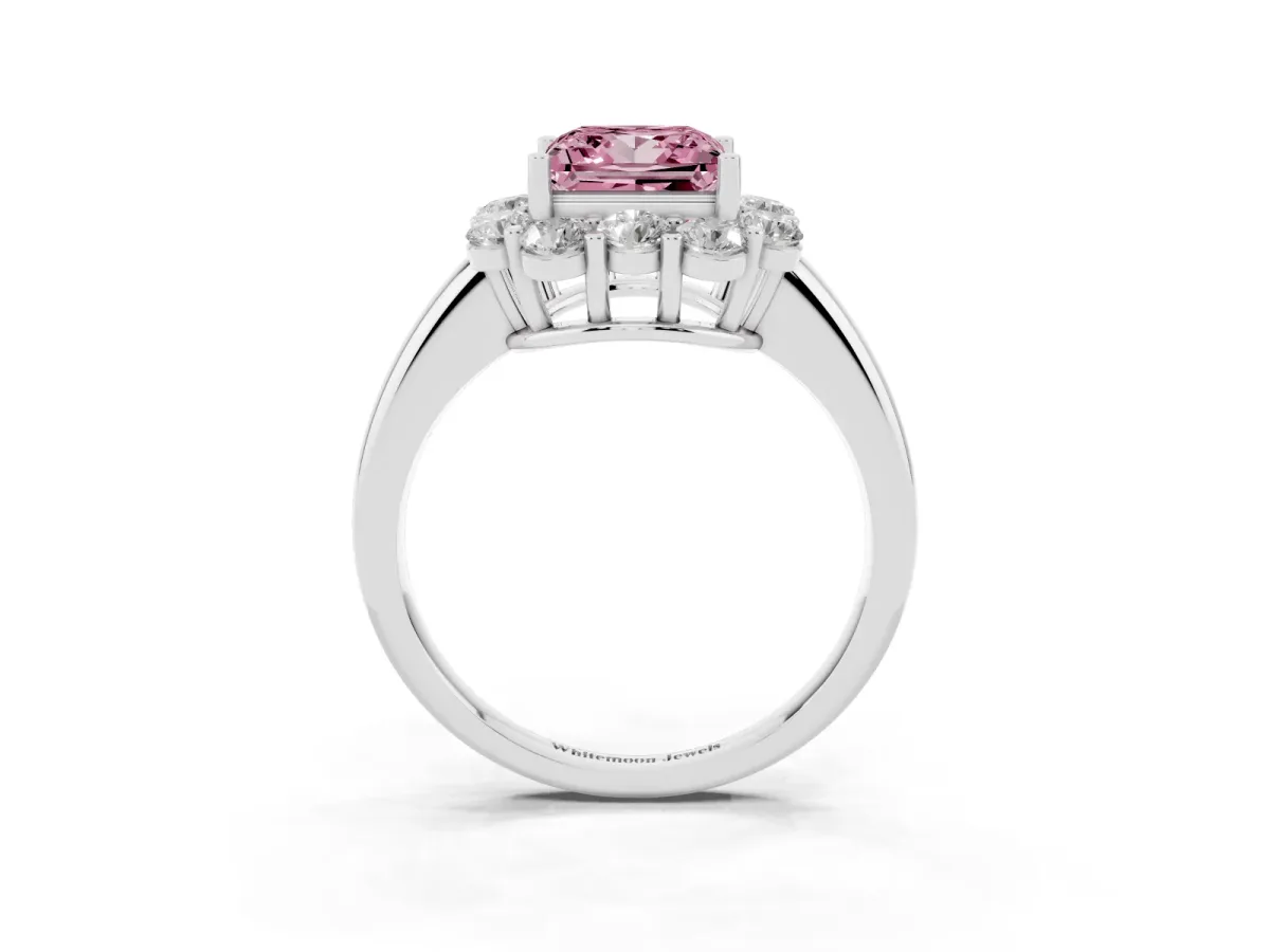 Fancy Pink Princess Cut Halo Milgrain Solitaire with Bezel Set Side Stones and Pave Band Platinum