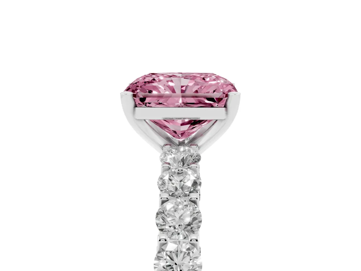 Fancy Pink Radiant Cut Diamond Solitaire Ring with Shared Prong Pavé Band and Four-Prong Setting Silver