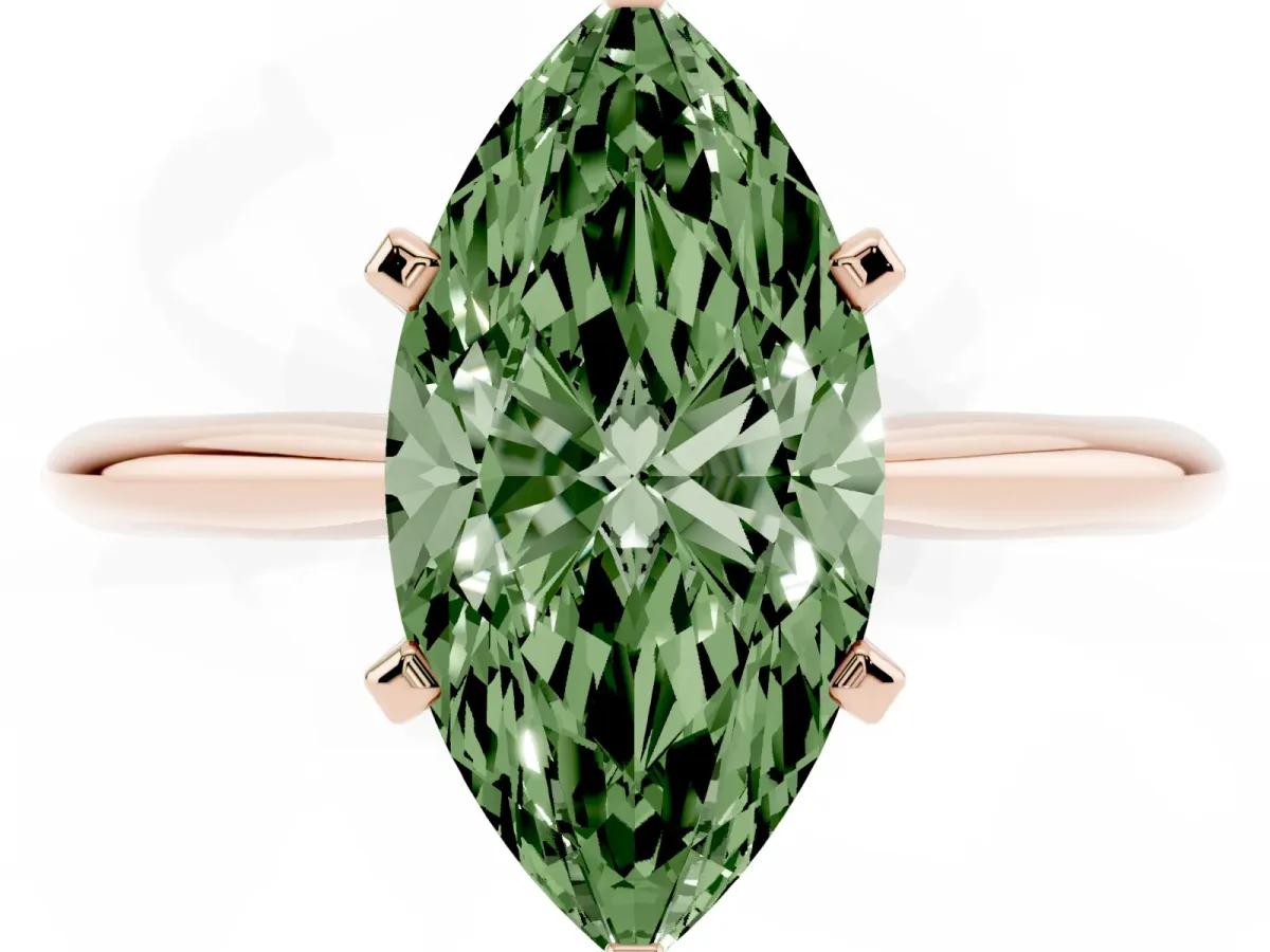 Fancy Green Marquise Cut Cut Solitaire Ring with Four-Prong Setting on a Classic Band Rose gold