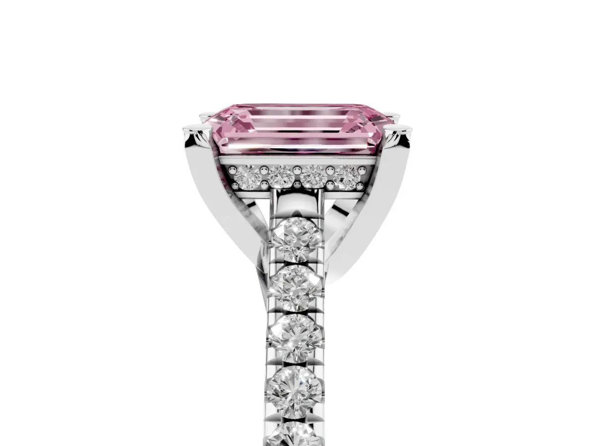 Fancy Pink Emerald Cut Brilliant Diamond Solitaire with Pavé Band and Four-Prong Setting White gold