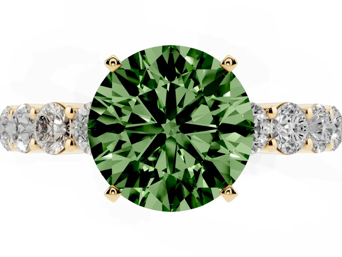 Fancy Green Round Cut Diamond Solitaire Ring with Shared Prong Round Side Stones Yellow gold