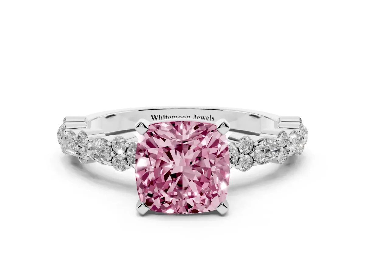 Fancy Pink Cushion Cut Diamond Side Stone Solitaire Ring with Round and Four-Prong Setting Silver