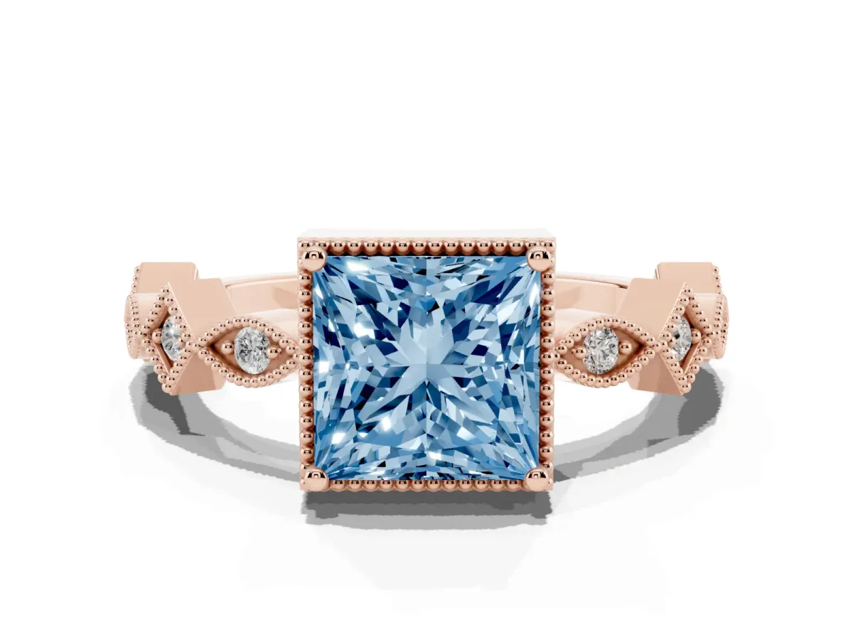 Fancy Blue Princess Cut Milgrain Marquise Diamond Twist Band Ring Rose gold