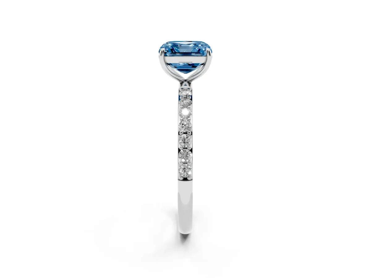 Fancy Blue Asscher Cut Diamond Solitaire Ring with Round Pavé Shoulders and Prong Setting Platinum