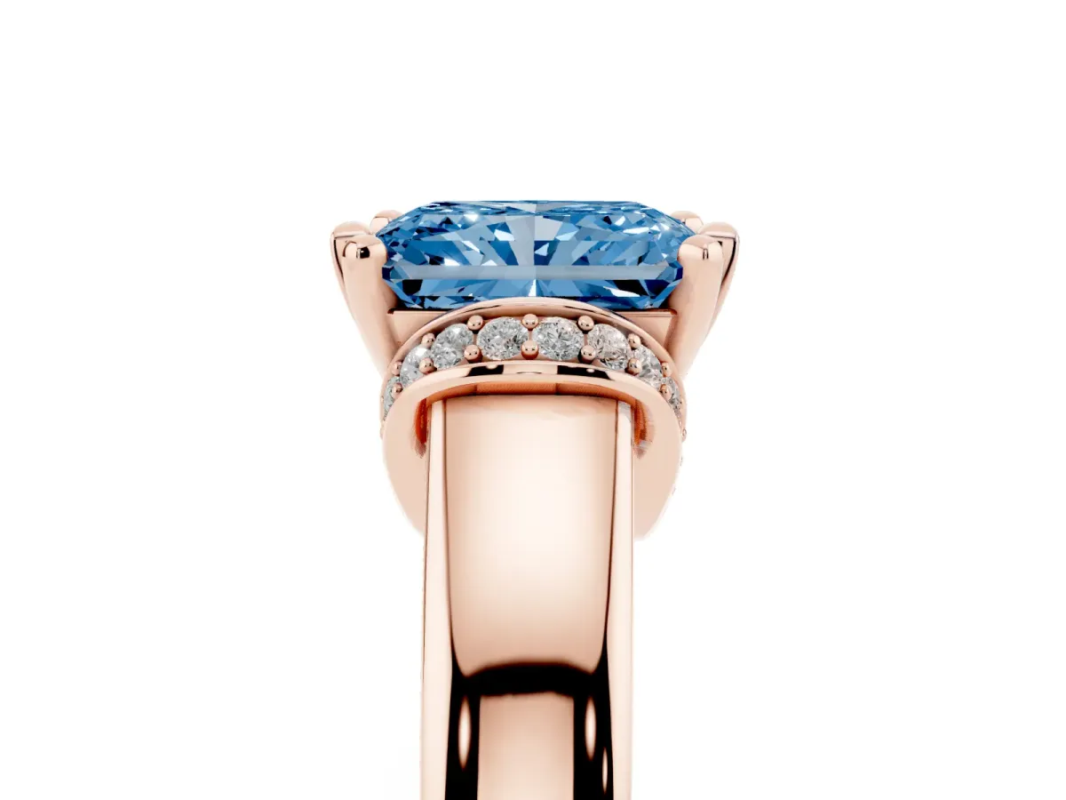 Fancy Blue Radiant Cut Solitaire Diamond Ring with Pave Band and Six-Prong Setting Rose gold