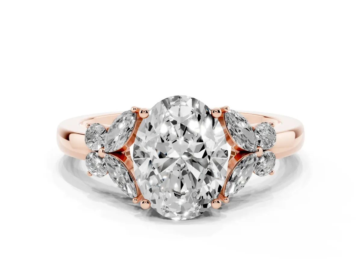 Oval Cut Cut Solitaire Floral Diamond Ring with Four-Prong Setting Rose gold