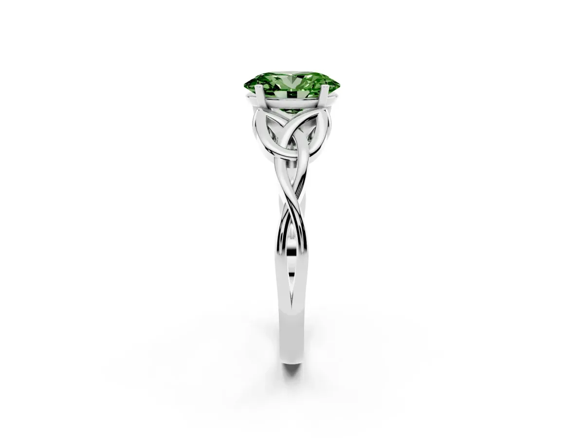 Fancy Green Oval Cut Diamond Solitaire Engagement Ring with Celtic Knot Band and Four-Prong Setting Platinum