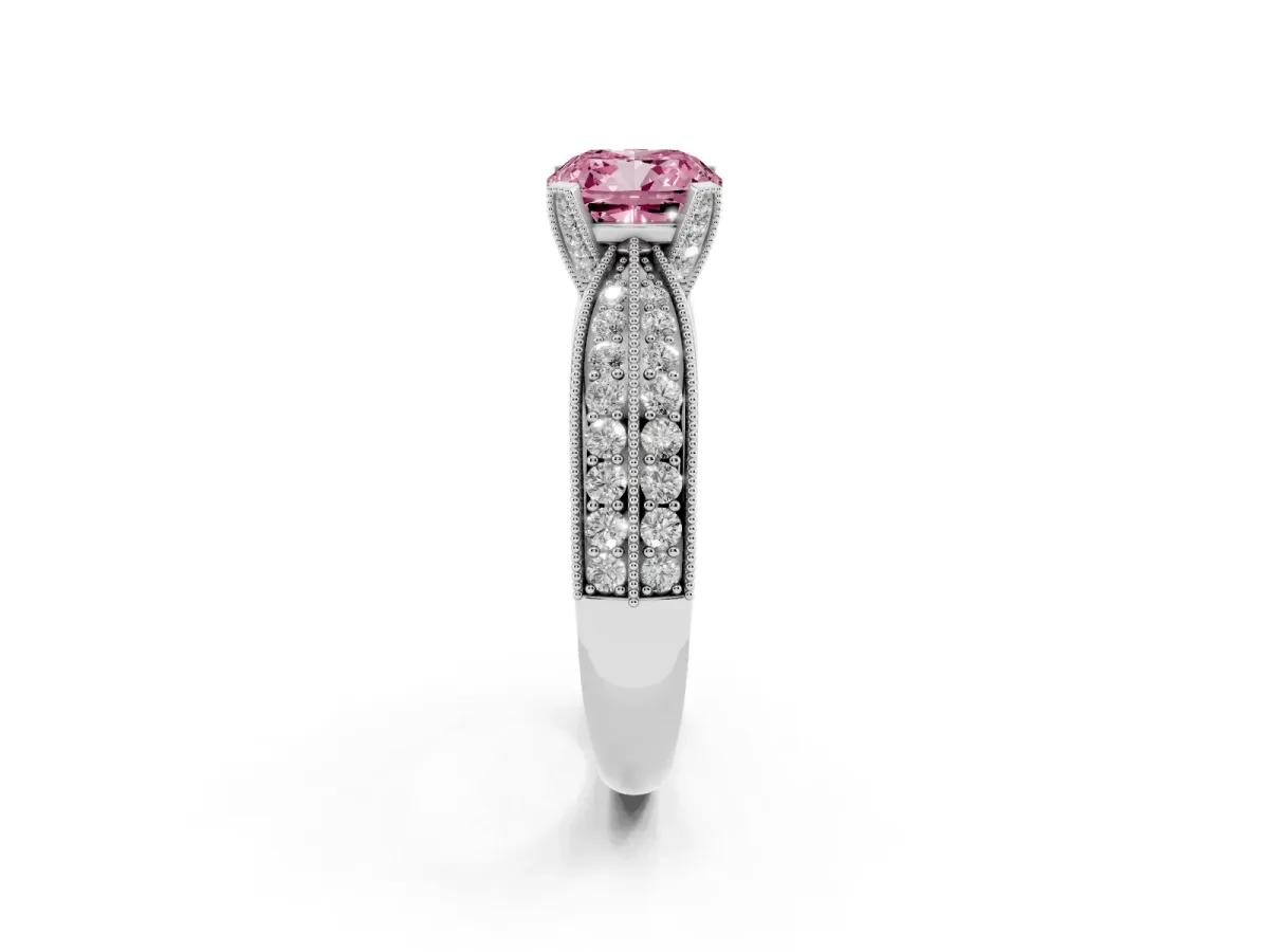 Fancy Pink Cushion Cut Diamond Solitaire Ring with Milgrain Round Pavé Band and Prong Setting Silver