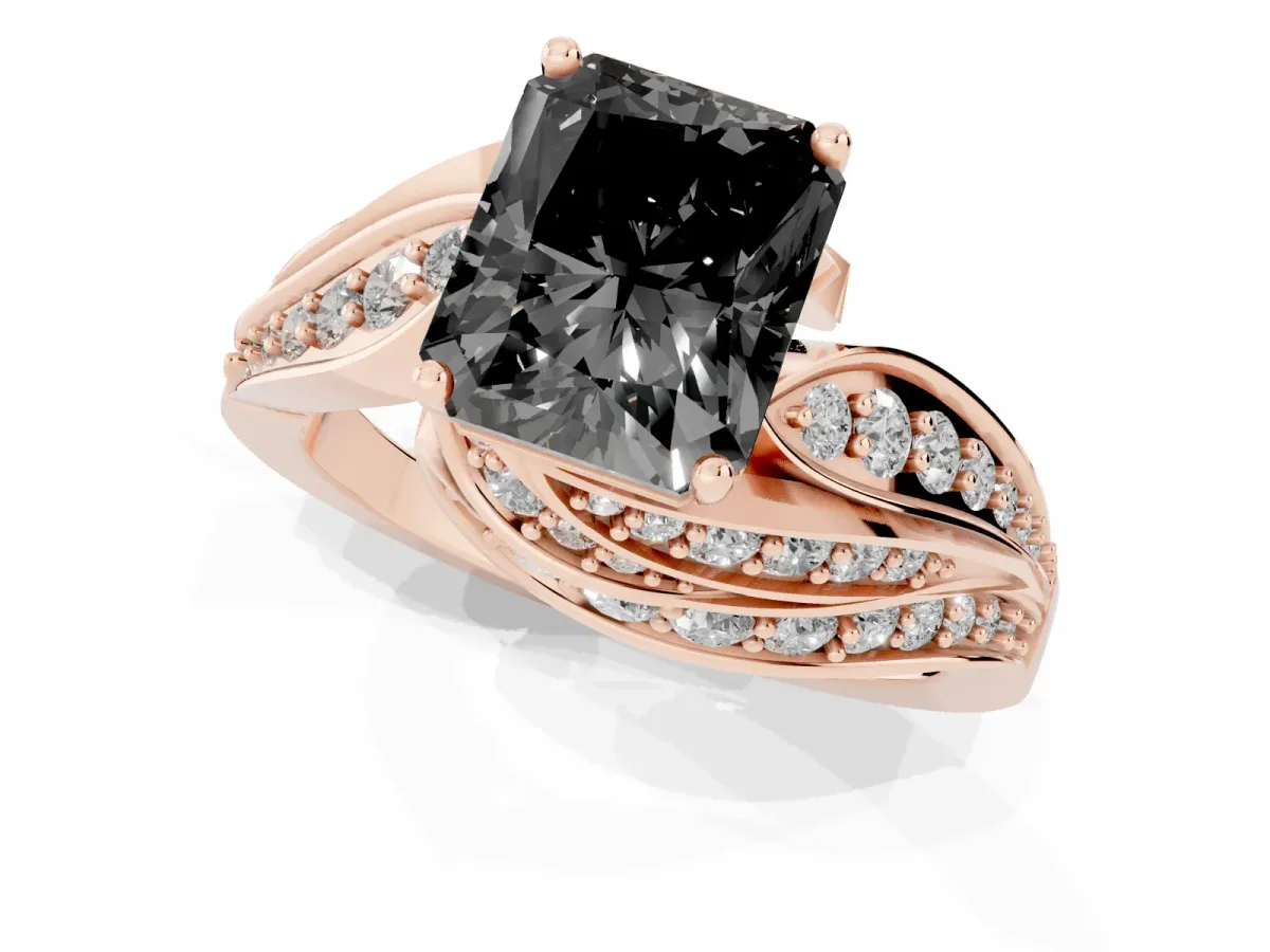 Fancy Black Radiant Cut Diamond Solitaire Ring with Prong Setting and Twisted Pavé Band Rose gold