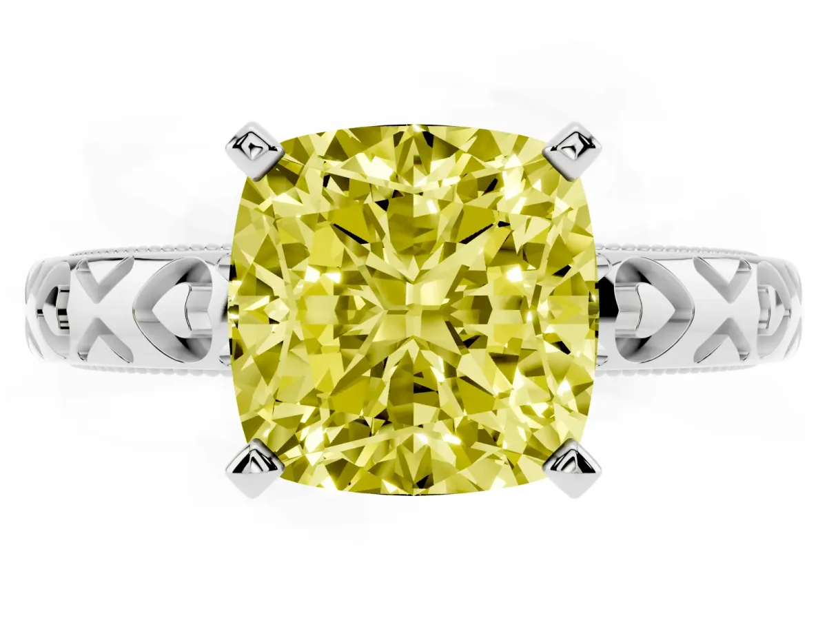 Fancy Yellow Cushion Cut Solitaire Diamond Engagement Ring with XO Engraved Band and Four-Prong Setting Platinum