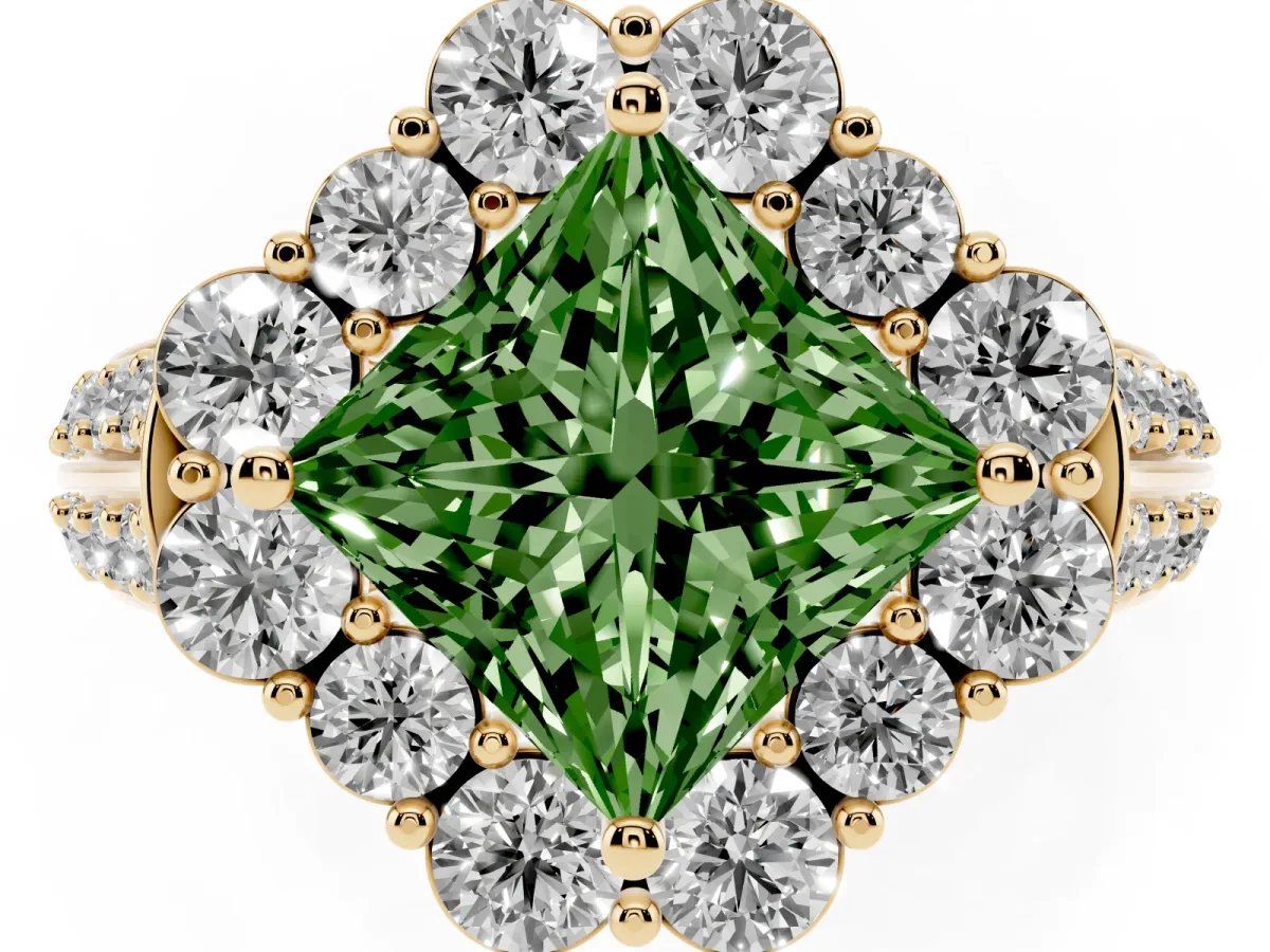 Fancy Green Princess Cut Halo Diamond Engagement Ring with Split Shank and Prong Setting Yellow gold