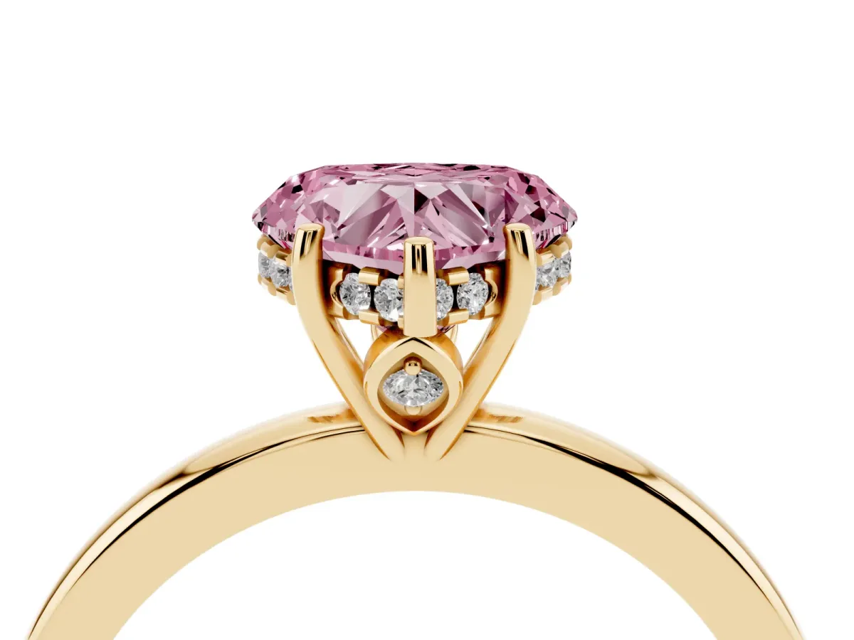 Fancy Pink Heart Cut Solitaire Diamond Ring with Prong Setting and Plain Band Yellow gold