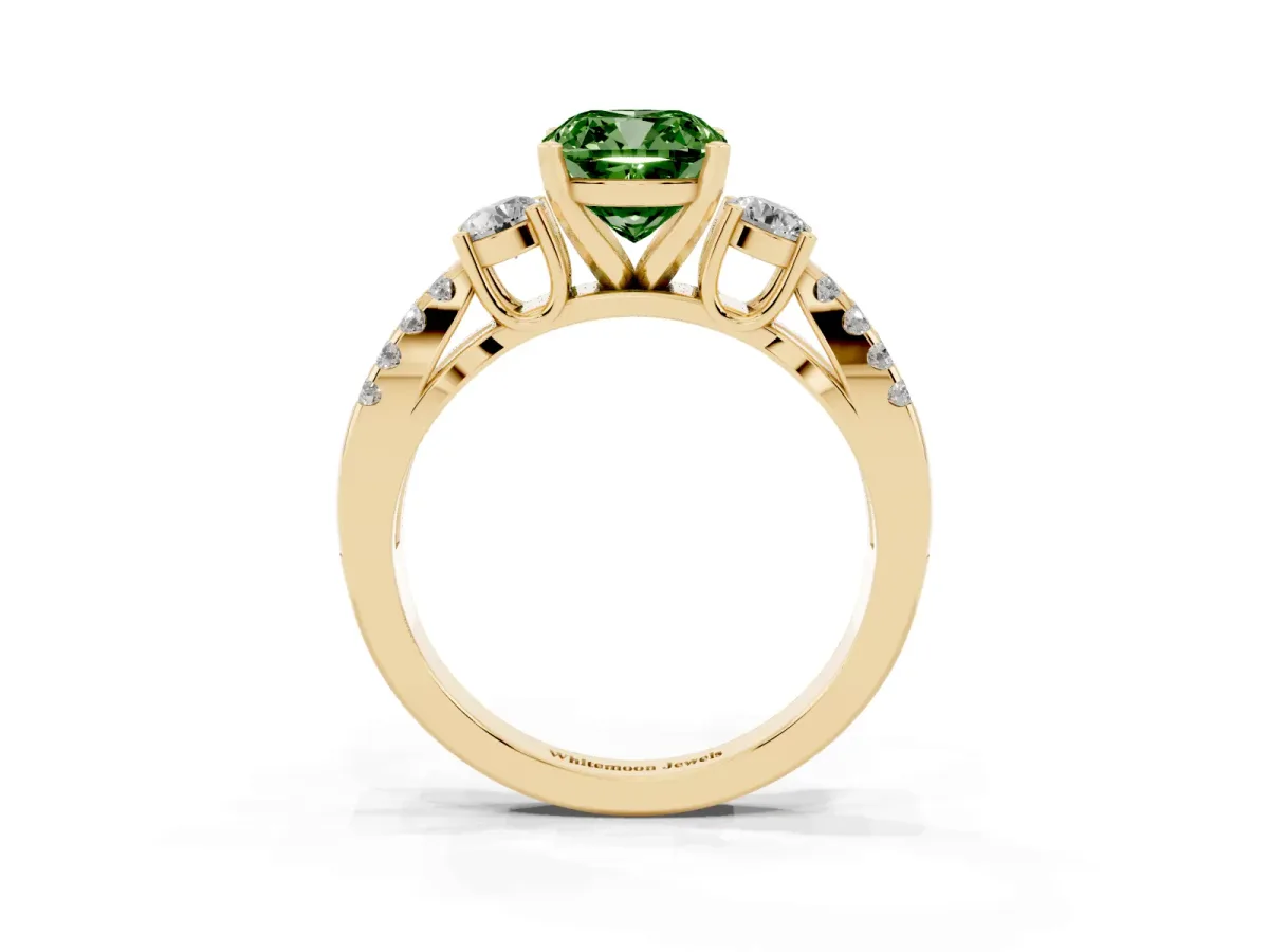 Fancy Green Cushion Cut Diamond Three-Stone Ring with Pavé Split Shank and Four-Prong Setting Yellow gold
