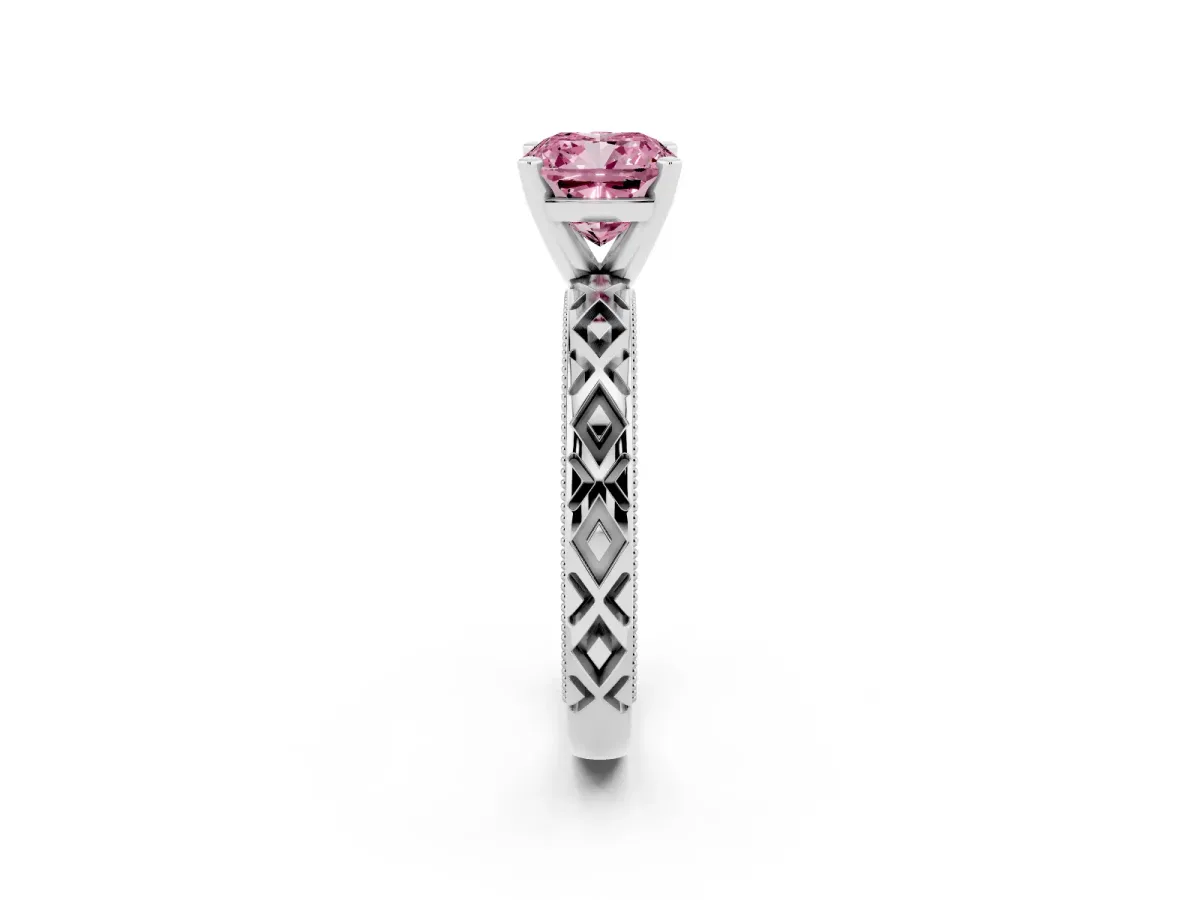Fancy Pink Cushion Cut Solitaire Diamond Ring with Milgrain and Black Enamel X Pattern Band Silver