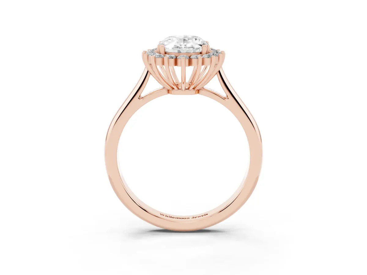 Oval Cut Cut Diamond Halo Ring with Solitaire Band and Prong Setting Rose gold