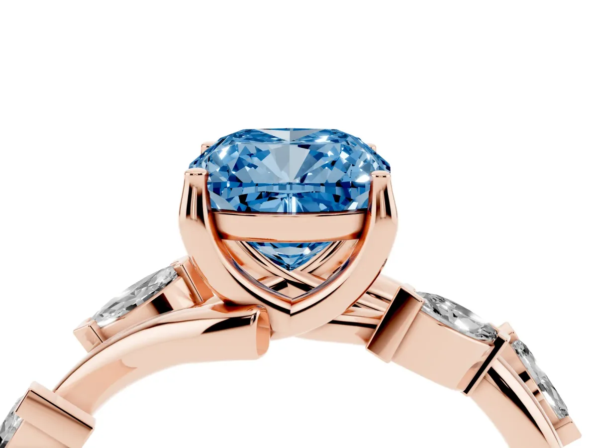 Fancy Blue Cushion Cut Solitaire Twisted Band Marquise Accent Prong Setting Ring Rose gold