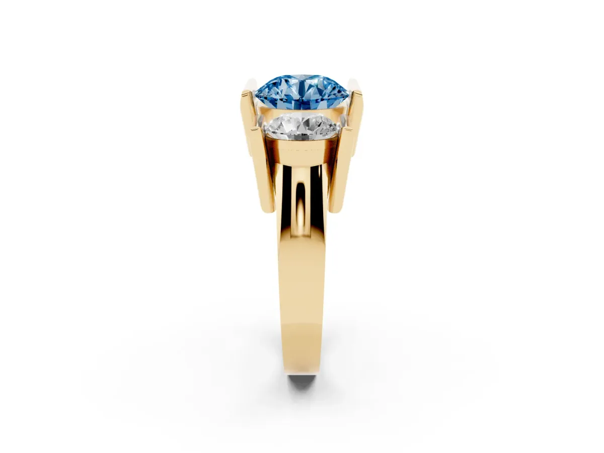 Fancy Blue Three Stone Round Cut Cut Channel Set Diamond Ring Yellow gold