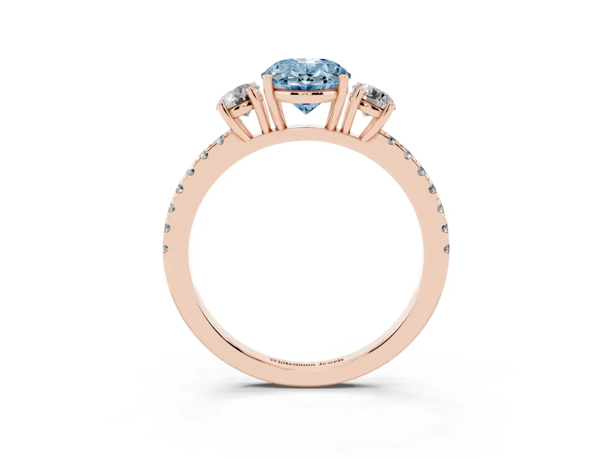 Fancy Blue Three-Stone Oval Cut Cut Diamond Pavé Band with Prong Setting Rose gold