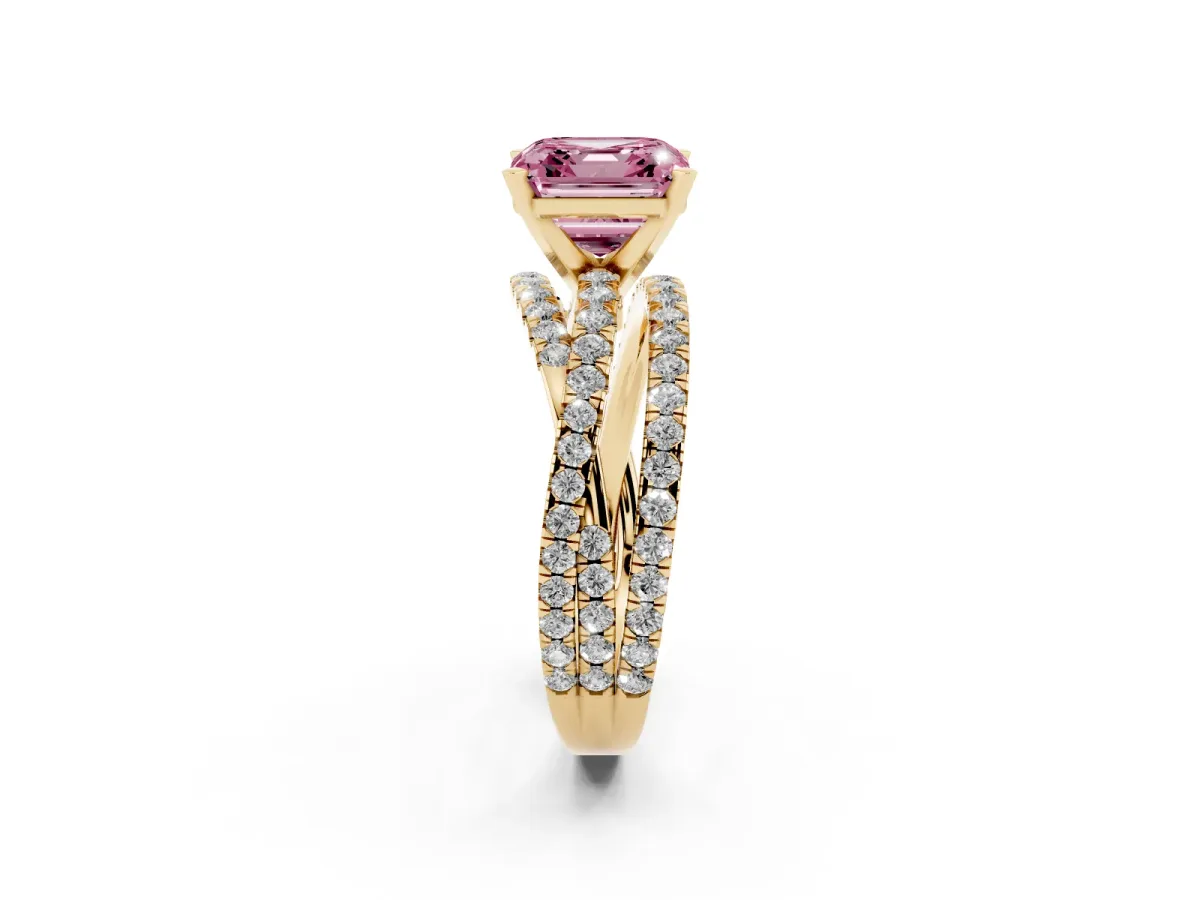 Fancy Pink Asscher Cut Solitaire Twist Band with Pavé Setting and Four-Prong Setting Yellow gold
