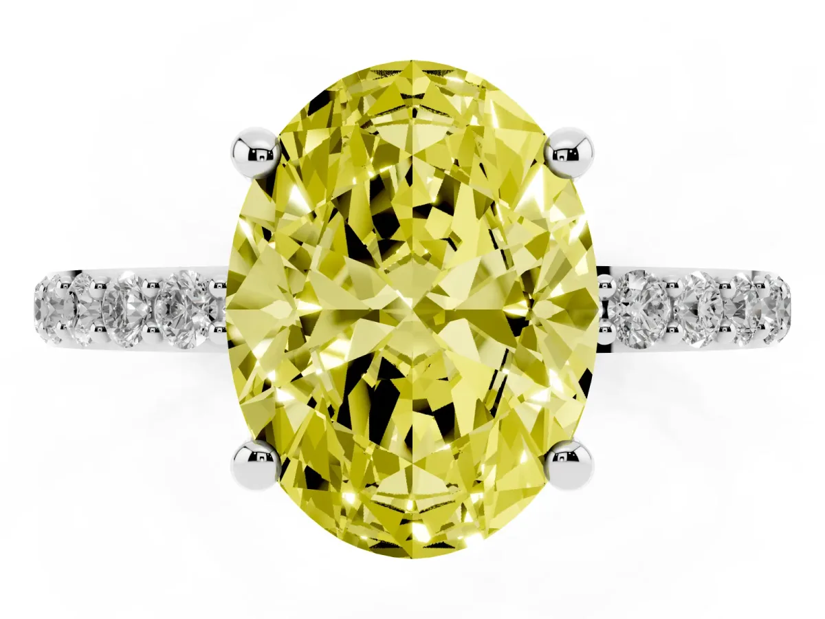 Fancy Yellow Oval Cut Diamond Solitaire Ring with Round Pavé Band and Prong Setting Platinum