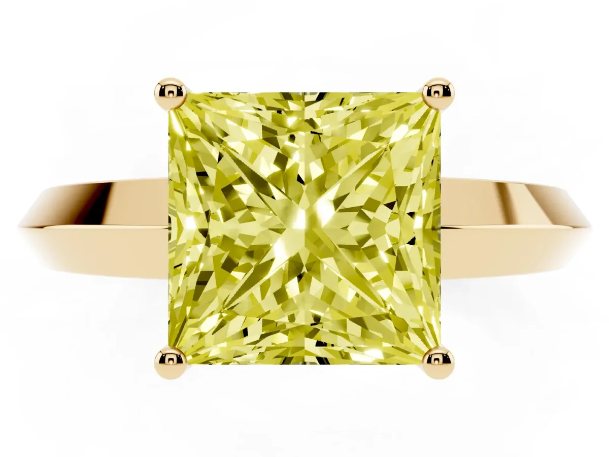 Fancy Yellow Princess Cut Cut Solitaire Engagement Ring with Flat Band and Four-Prong Setting Yellow gold