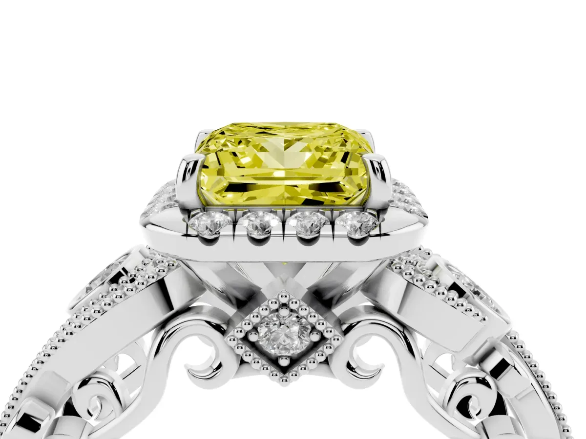 Fancy Yellow Princess Cut Diamond Halo Ring with Milgrain Pavé Band and Four-Prong Setting Silver