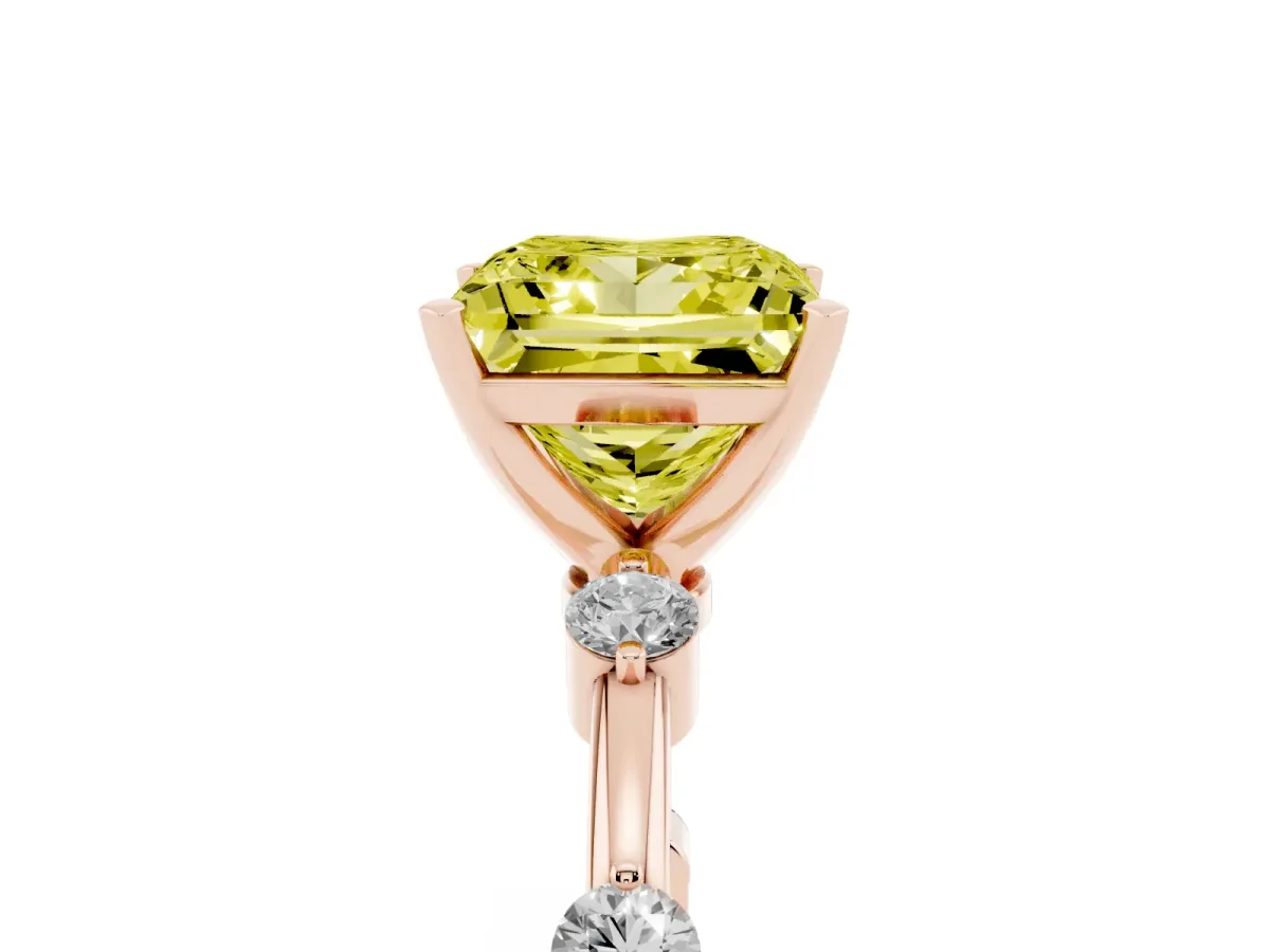 Fancy Yellow Princess Cut Solitaire Diamond Ring with Bezel Set Side Stones and Prong Setting Rose gold
