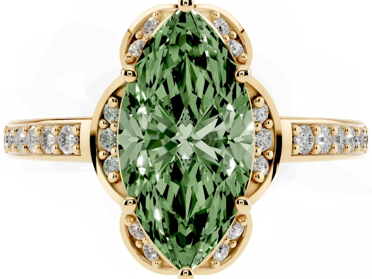 Fancy Green Marquise Cut Cut Halo Diamond Ring with Channel Set Band and Four-Prong Setting Yellow gold