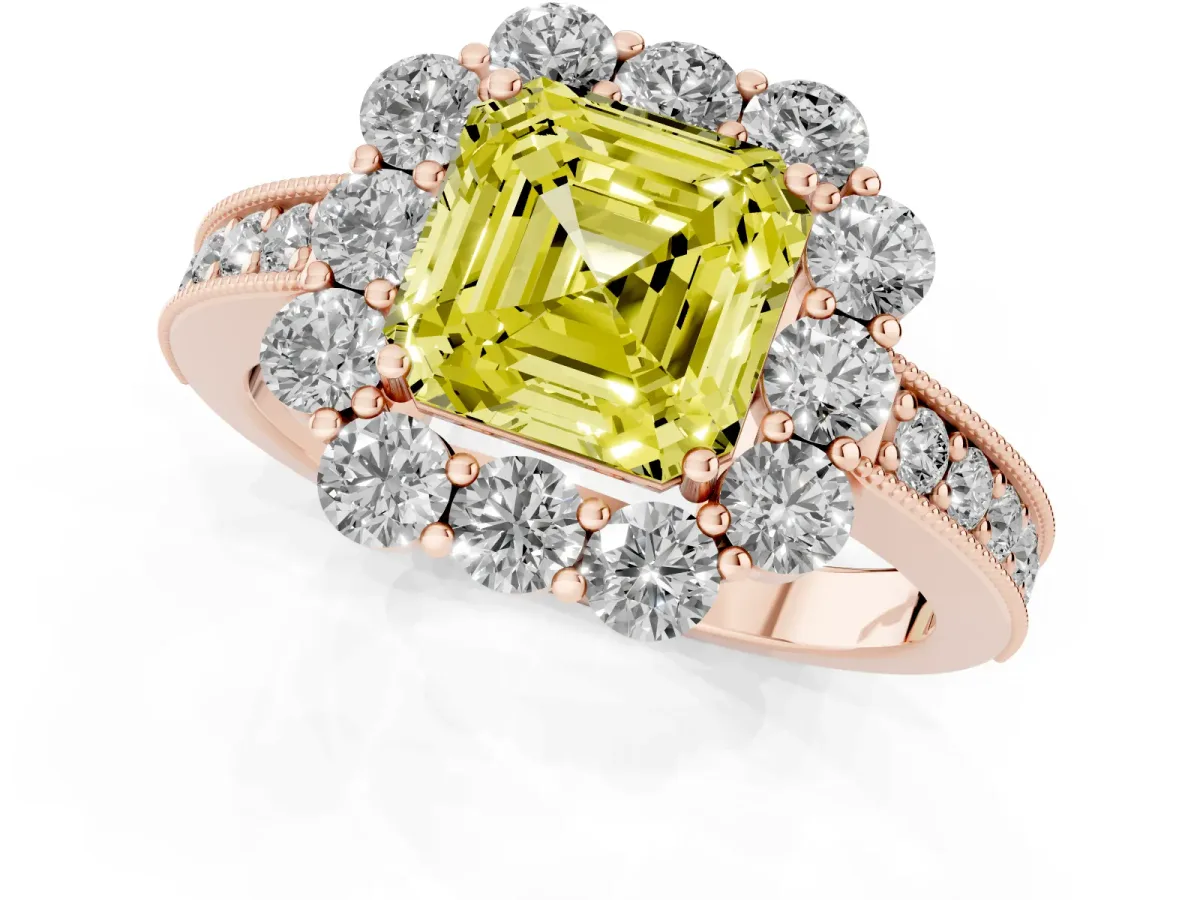 Fancy Yellow Asscher Cut Cut Halo Diamond Pavé Engagement Ring with Milgrain Detailing Rose gold