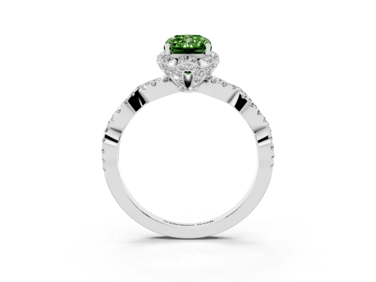 Fancy Green Radiant Cut Halo Twist Band Solitaire Ring with Six-Prong Setting Silver