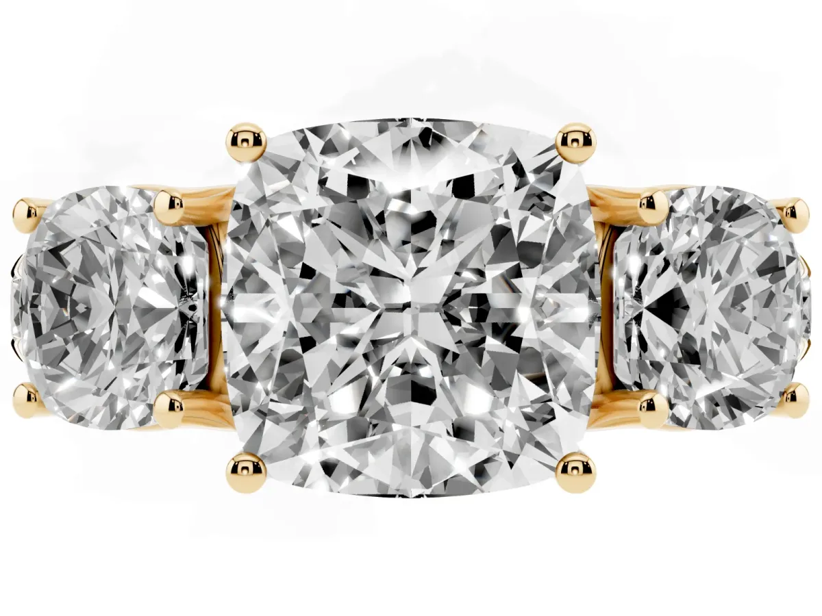 Three-Stone Cushion Cut Diamond Pavé Band with Prong Setting Yellow gold