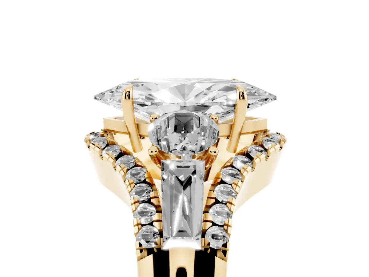 Three-Stone Marquise Cut Diamond Engagement Ring with Pave Band and Prong Setting Yellow gold