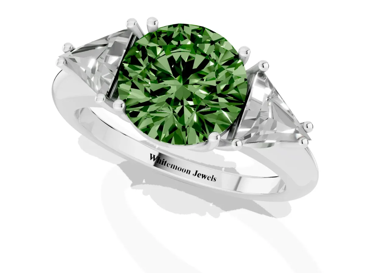 Fancy Green Three-Stone Round Cut Diamond Engagement Ring with Trillion Side Stones and Prong Setting Silver