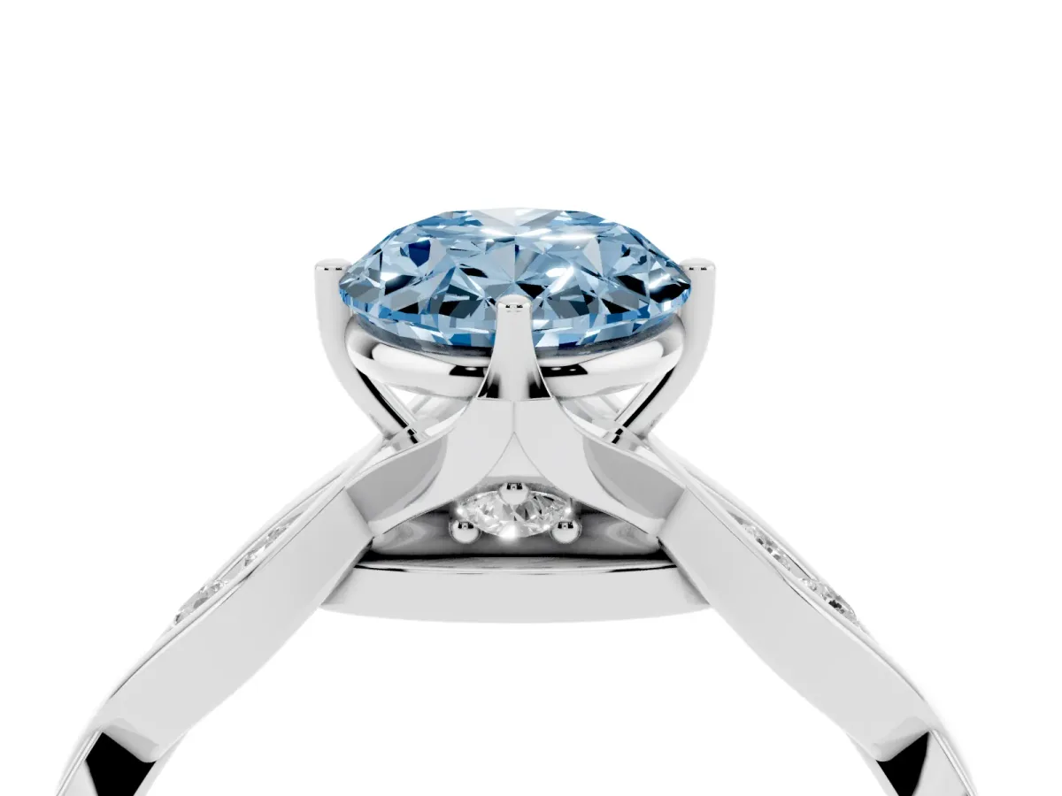 Fancy Blue Oval Cut Solitaire Twist Band with Leaf Prong Setting Silver