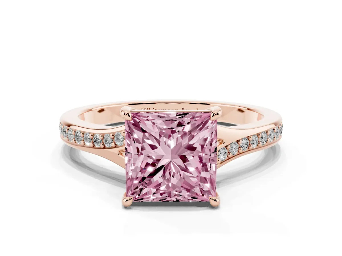 Fancy Pink Princess Cut Diamond Solitaire Ring with Pavé Band and Prong Setting Rose gold