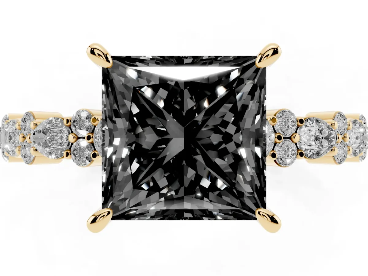 Fancy Black Princess Cut Diamond Side Stone Solitaire Ring with Round and Four-Prong Setting Yellow gold