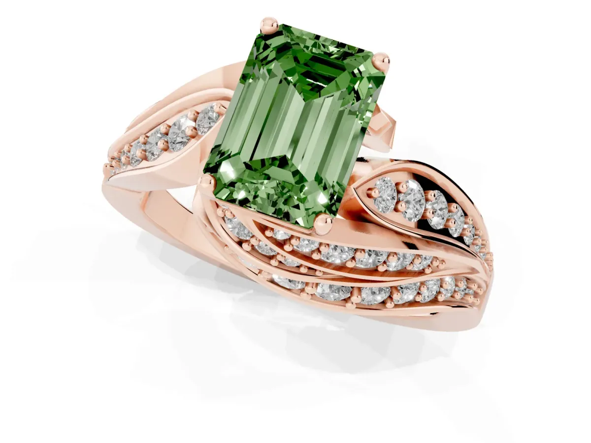 Fancy Green Emerald Cut Diamond Solitaire Ring with Prong Setting and Twisted Pavé Band Rose gold