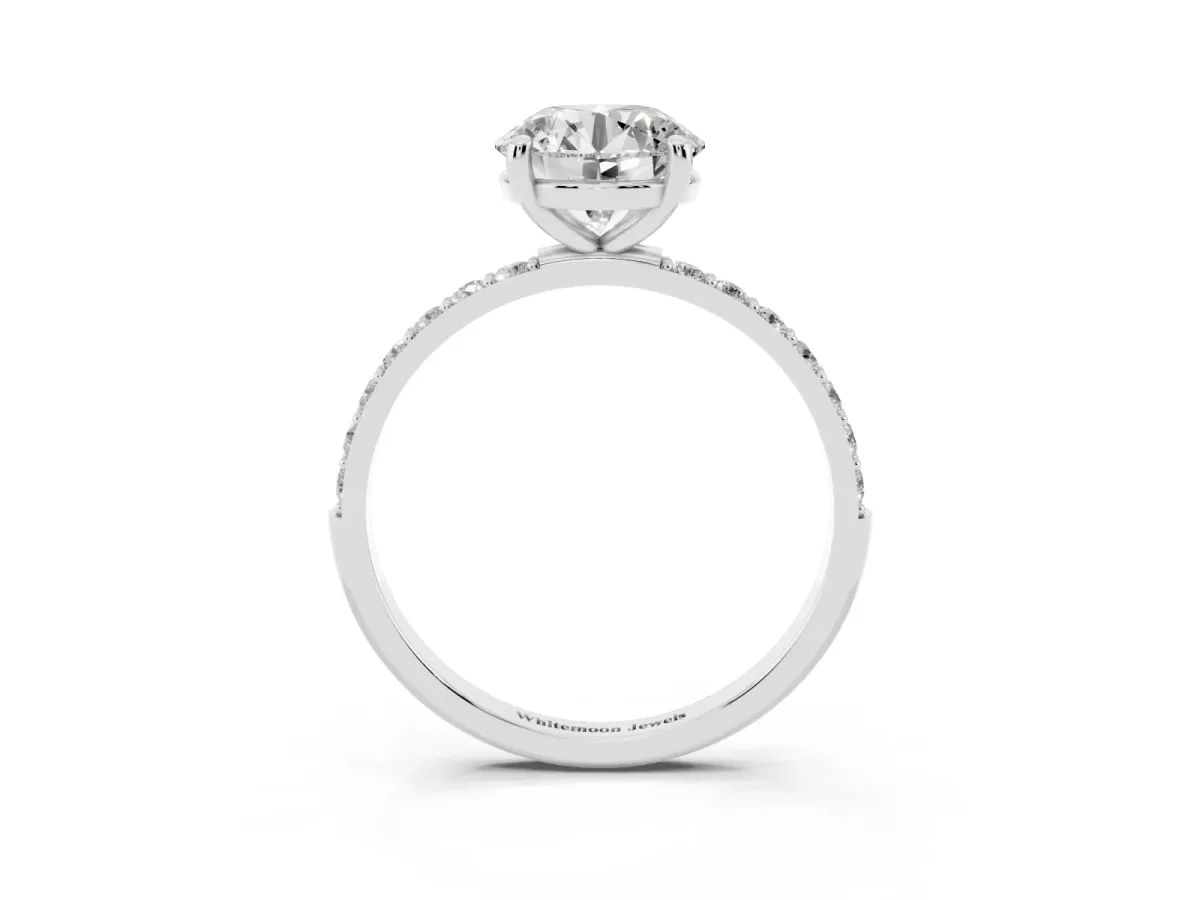 Round Cut Diamond Solitaire Ring with Round Pavé Band and Prong Setting Platinum