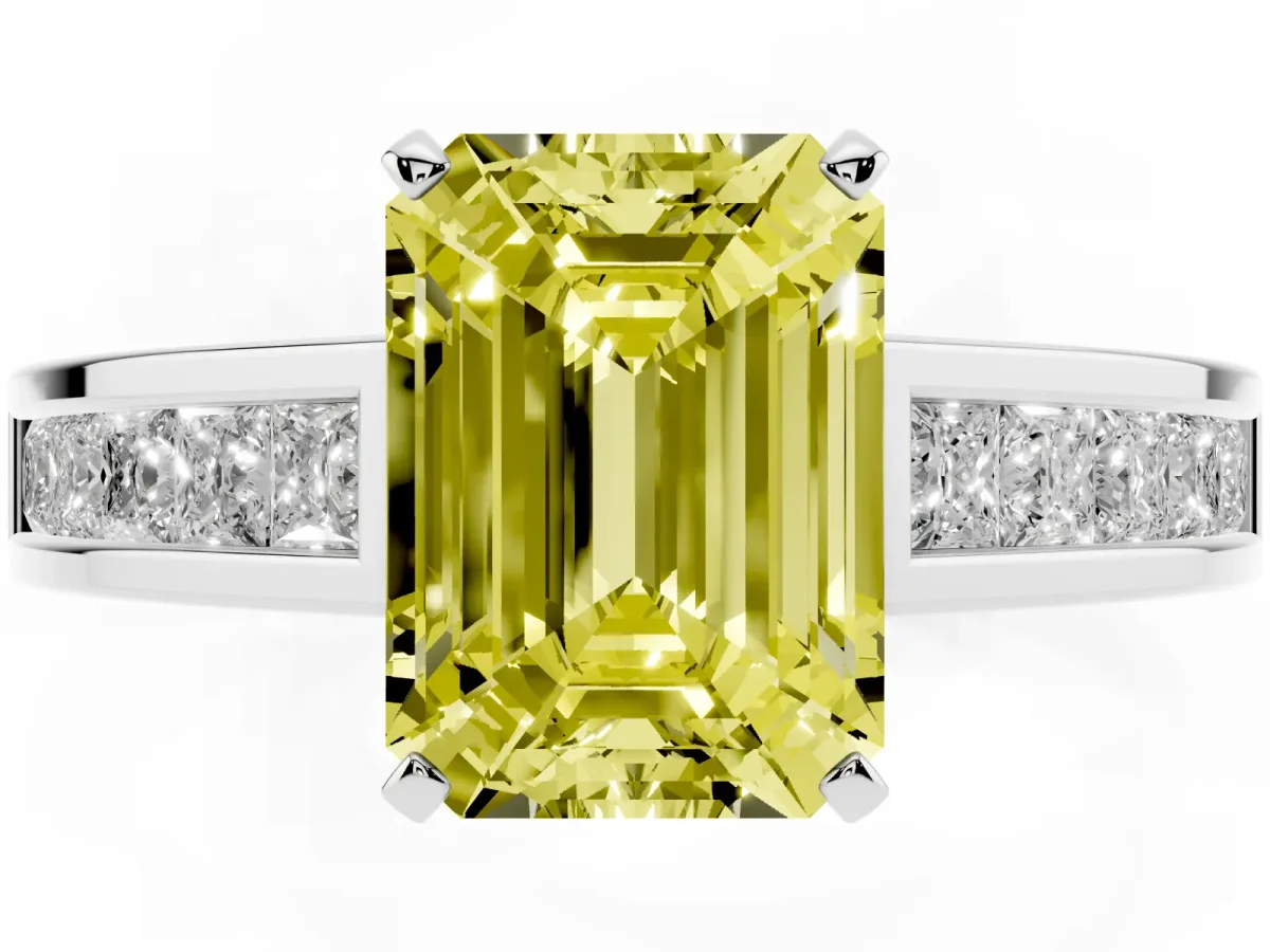 Fancy Yellow Emerald Cut Solitaire Diamond Ring with Channel-Set Band and Four-Prong Setting Silver