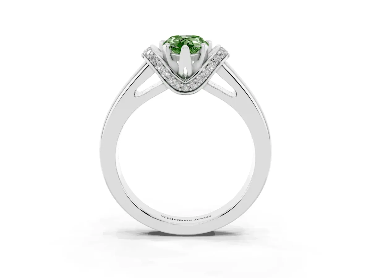 Fancy Green Pear Cut Solitaire Diamond Ring with Pave Band and Six-Prong Setting Silver