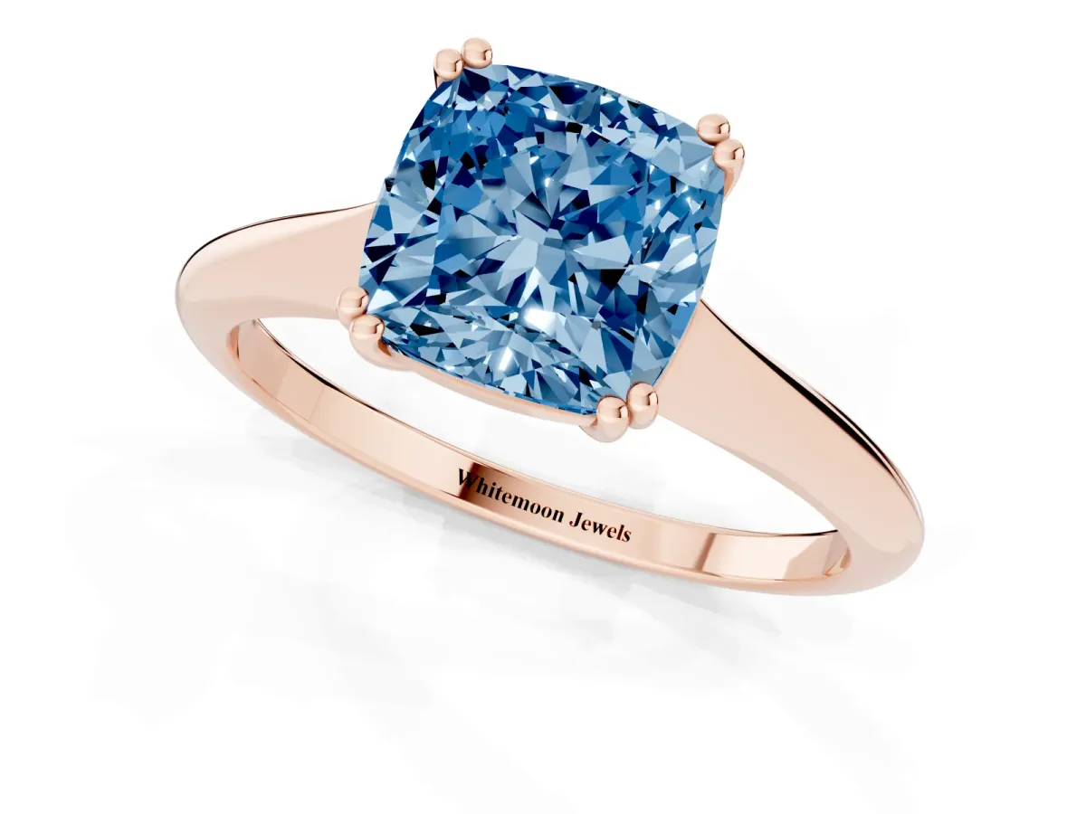 Fancy Blue Cushion Cut Solitaire Diamond Ring with Six-Prong Setting and Classic Band Rose gold