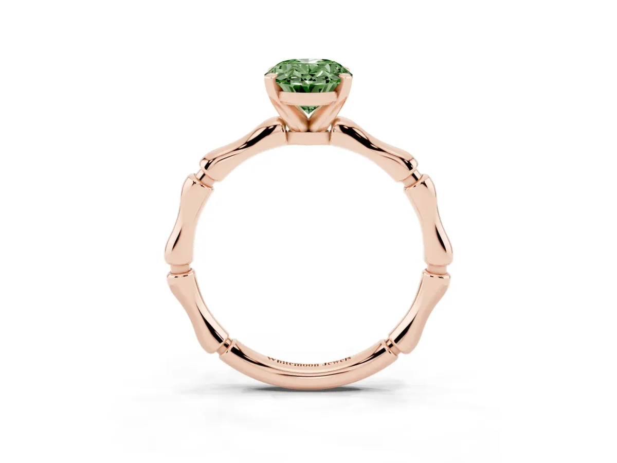 Fancy Green Oval Cut Solitaire Diamond Ring with Bamboo Band and Four-Prong Setting Rose gold