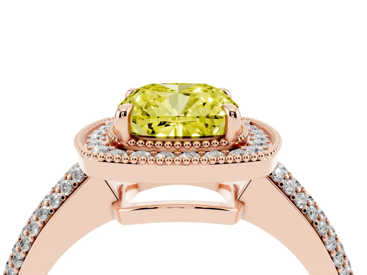 Fancy Yellow Cushion Cut Cut Halo Diamond Pave Band with Four-Prong Setting Rose gold