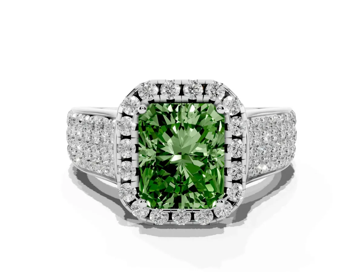 Fancy Green Radiant Cut Halo Round Diamond Pave Band with Prong Setting Silver