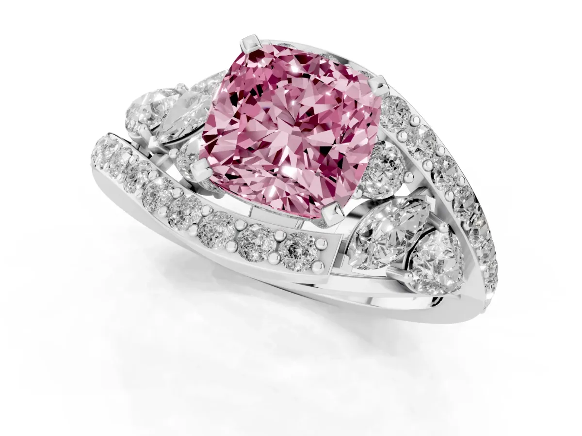 Fancy Pink Cushion Cut Diamond Halo Ring with Marquise and Pavé Band in Prong Setting Platinum