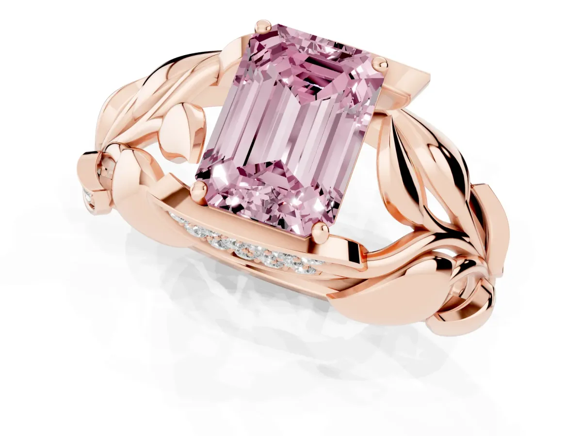 Fancy Pink Emerald Cut Diamond Leaf-Inspired Engagement Ring with Round Accents and Prong Setting Rose gold