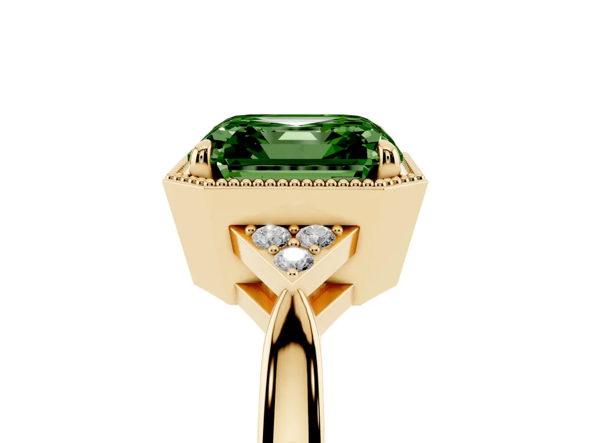 Fancy Green Milgrain Asscher Cut Cut Diamond Ring with Tapered Pave Band and Four Prong Setting Yellow gold