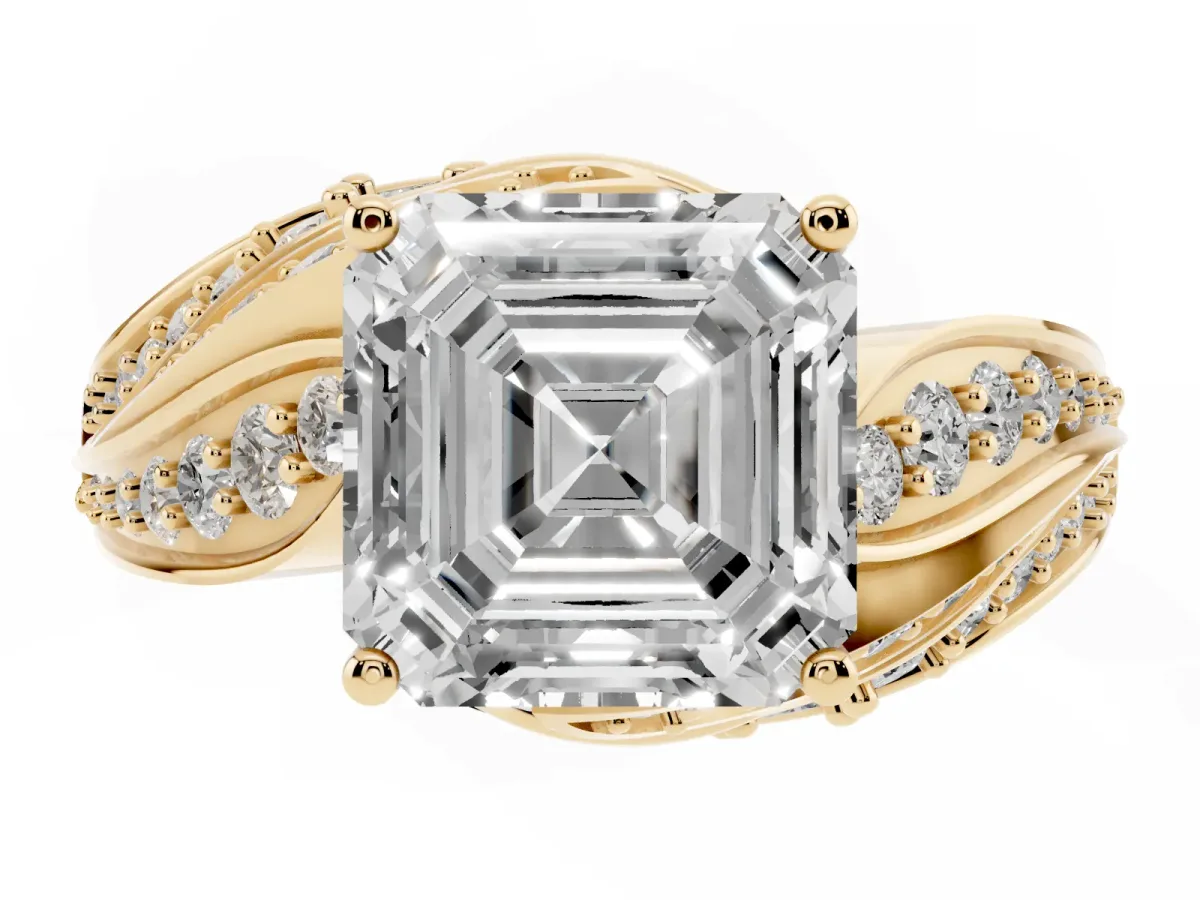 Asscher Cut Diamond Solitaire Ring with Prong Setting and Twisted Pavé Band Yellow gold