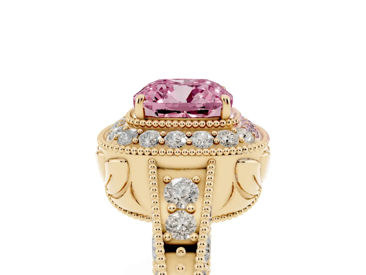 Fancy Pink Cushion Cut Halo Diamond Split Shank Ring with Milgrain Detail Yellow gold